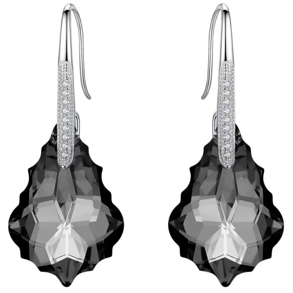 .925 Sterling Silver with Charcoal Gray Cubic Zirconia Baroque Hook Earrings